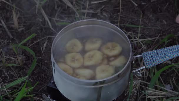 Bushcraft Concetto Cucina Composta Banane Rompere Digiuno Nella Foresta Con — Video Stock