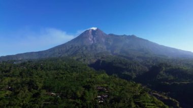 Merapi Dağı 'nın panoramik manzaralı, güzel bir yaz sabahı manzaralı hava aracı uçuş videosu. Önünde yeşil bir orman olan etkin bir volkanın 4k manzarası.
