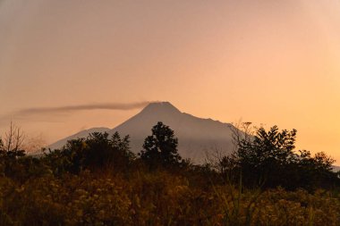 Merapi Dağı manzaralı güzel Altın Gün Doğumu. Güneş doğduğunda, Merapi Dağı 'nı ön planda ağaçların siluetleri olan kırmızı sarı gökyüzüne karşı gösterir.