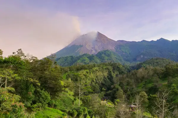 Merapi Dağı 'nın panoraması yakın mesafeden güzel bir manzarayla aydınlık bir sabahta. Önünde mor gökyüzü, orman ve vadi olan aktif volkanın detaylı manzarası.