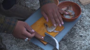 Doğada basit aletler ve malzemelerle yemek ve yemek pişirme kavramı. Bir maceraperest nehir kıyısında mangal kömürü kullanarak karides satay ve limon yaprağı pilavı pişiriyor..