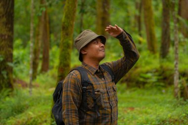 Yoğun ve yeşil bir çam ormanında bir maceracının yarı vücut görüntüsü. Flanel gömlekli, kova şapkalı ve sırt çantalı Asyalı bir erkek gezgin yoğun çam ağaçlarının arkasında poz veriyor..