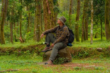 Yoğun bir çam ormanında büyük bir kayanın üzerinde oturan bir maceraperest. Flanel gömlekli ve şapkalı Asyalı bir adam oturmuş güzel doğanın huzurunun tadını çıkarırken dinleniyor..