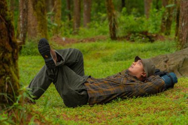 Bir maceraperest, güzel ve sessiz bir çam ormanındaki yeşil çimlerin üzerinde dinleniyor. Erkek gezginler, çam ormanlarındaki yeşil çimlerin üzerinde uzanarak vahşi doğanın huzurunun tadını çıkarırlar.