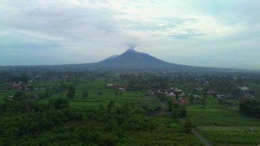 Güneş uzaktan yükselirken Merapi Dağı 'nın panoramik güzelliğinin 4K hava görüntüsü. Sabahları dağın havadan görünüşü kırsal ve pirinç tarlalarının panoramik görüntüsüyle.