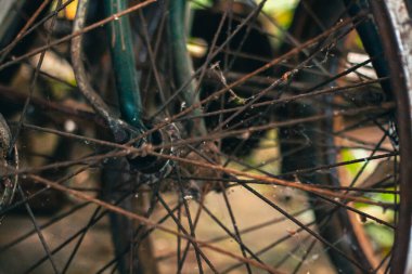 Pas dolu ve yıpranmış klasik bir bisiklete yaklaş. İhmal edilmiş ve tozla dolu eski bisiklet parçaları paslanmaya ve gözeneklenmeye başlamış gibi görünüyor.