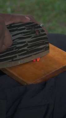 Bushcraft kavramı, yoğun ve yeşil bir çam ormanında soya soslu kızarmış tempeh pişirir. Asyalı bir erkek yalnız maceracı güzel bir doğada hazırlık ve yemek yapma sürecinde.