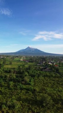 Merapi Dağı 'nın güzel manzarasının açık bir sabahtaki hava portresi görüntüleri. 4k video görüntüsü volkan manzaralı kırsal alan manzaralı ve pirinç tarlalı.
