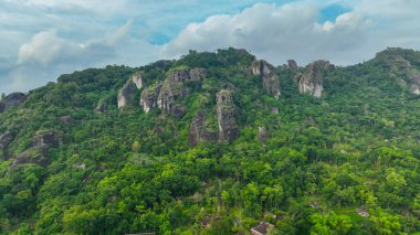 Öğleden sonra Nglanggeran Antik Volkan eko eko alanı panoramasında İHA kullanıldı. Görkemli yemyeşil ağaçlarla kaplı antik bir kaya dağının havadan çekilmiş fotoğrafı.
