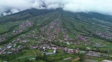 Dağın eteklerinden, pirinç tarlaları ve birkaç güzel ve serin köyle 4K hava görüntüsü. Merapi Dağı eteğinde köy bölgesinin hava manzarası ve yeşil pirinç tarlaları.