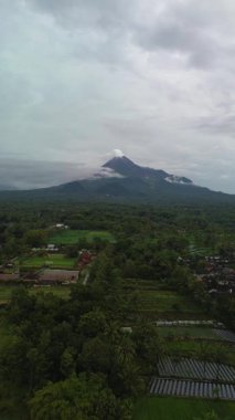Akşamüstü, önünde yemyeşil ağaçlardan oluşan bir panorama olan aktif bir volkanın havadan görüntüsü. Drone görüntüleri Sleman, Yogyakarta, Endonezya 'daki Merapi Dağı' nın güzelliğini gösteriyor.