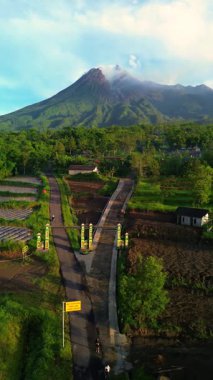 Önünde sık bir orman manzarası olan aktif bir volkanın sabahki havadan görüntüsü. Drone görüntüleri, güneş doğarken Sleman, Yogyakarta, Endonezya 'daki Merapi Dağı' nın güzelliğini gösteriyor.