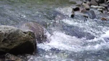 Berrak su akışına sahip sakin doğal manzara, doğada rahatlama için barışçıl bir atmosfer yaratır. Etrafında kayalar ve çimenler akan nehir suyunun doğal atmosferi..