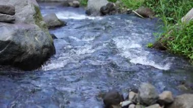 Berrak su akışına sahip sakin doğal manzara, doğada rahatlama için barışçıl bir atmosfer yaratır. Etrafında kayalar ve çimenler akan nehir suyunun doğal atmosferi..