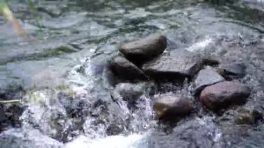 Berrak su akışına sahip sakin doğal manzara, doğada rahatlama için barışçıl bir atmosfer yaratır. Etrafında kayalar ve çimenler akan nehir suyunun doğal atmosferi..