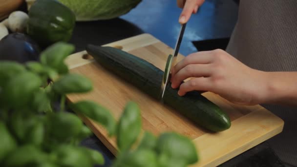 她在切新鲜黄瓜 一个大的成熟黄瓜 有机黄瓜 准备沙拉 健康的生活方式 膳食营养 绿色新鲜黄瓜 不锈钢刀 — 图库视频影像