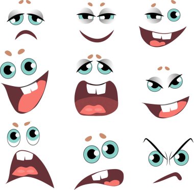 Farklı duygular gösteren duygular - üzüntü, huzur, eğlence, haz, ağlama, öfke, sürpriz, korku, öfke. Çizgi film