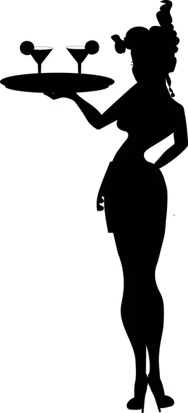 Şirin bir garson elinde iki kadeh beyaz şarapla tepsi tutuyor. Siluet.