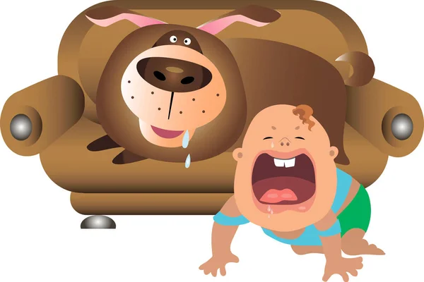 A big and kind dog lies on the sofa, and the baby lies on the floor and cries. Cartoon