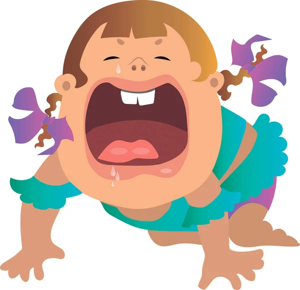 Little girl with pigtails crawls on the floor and cries. Cartoon