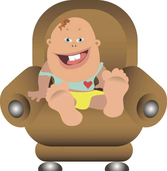 Çocuk rahat, yumuşak bir sandalyede oturuyor ve gülümsüyor. Çizgi film