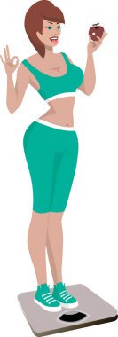 : Elinde elma olan ince bir kız terazinin üzerinde tartılır. Dilini gösteriyor. Çizgi film..