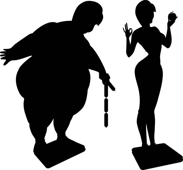 The girl before the diet is fat and sad, and the girl who eats right is cheerful and slender. Cartoon. Silhouette. A slender girl with an apple in her hand is weighed on the scales. Shows language. A fat and sad girl is.
