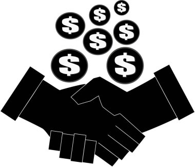 Handshake of male hands. The dollar is a symbol of wealth. A successful contract brings a lot of money. Successful businessman. Silhouette black, cartoon.