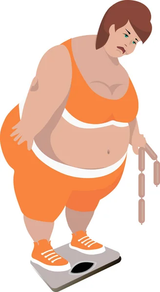 A fat and sad girl holds a bunch of sausages in hand and is weighed on a scale. Cartoon.