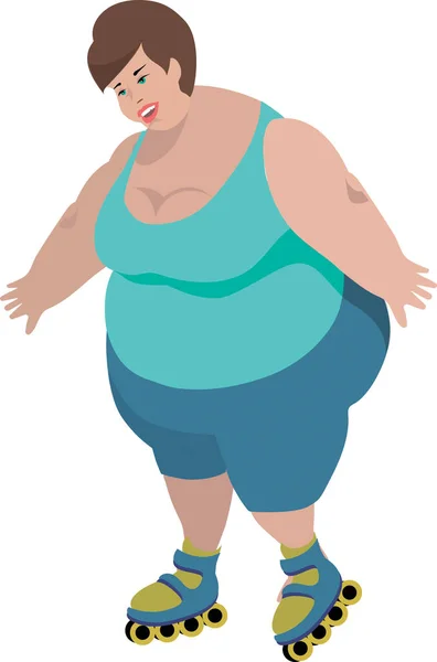 Cartoon Chubby cheerful woman learns to roller skate. She laughs, she is happy