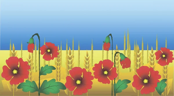 Fantastic wallpaper for tablet, computer desktop as a background. Bright red poppies, yellow wheat field and blue clear sky. Modern progressive design template