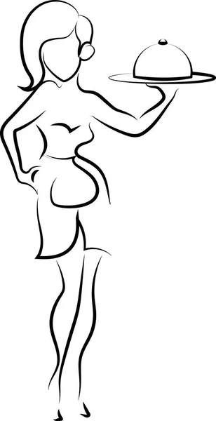  A lovely waitress is happy to work in a restaurant. Black outline. symbols, logo