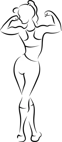 Young sports girl is training in the gym. She does fitness, demonstrates her muscles. Black outline, scheme, logo.
