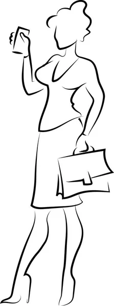 A business lady is standing with a briefcase in her hand and talking on a smartphone. Black outline, scheme, logo.