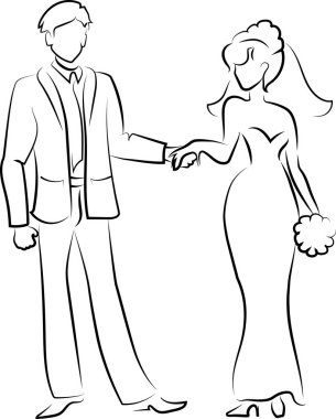 Peçeli genç ve güzel bir gelin elinde bir buket çiçekle ince ve zarif bir damat. Onun elini tutuyor. Siyah özet. Şema, logo.