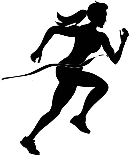 Genç bayan atlet yarışın bitiş çizgisinde kurdeleyi yırtıyor. Siyah siluet. Entrika. Logo