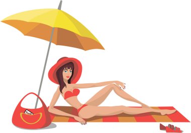  Kırmızı mayolu ve şapkalı bir kız deniz kenarında şemsiyenin altında dinleniyor.