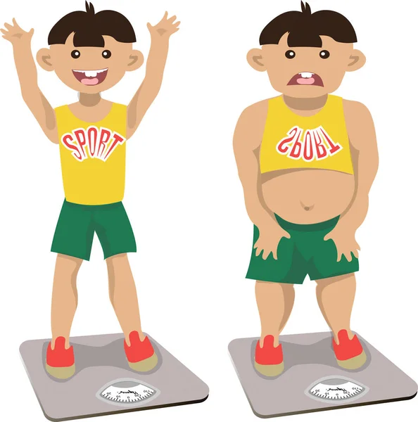 Şişman şişman bir çocuk kilosunu gösteriyor.