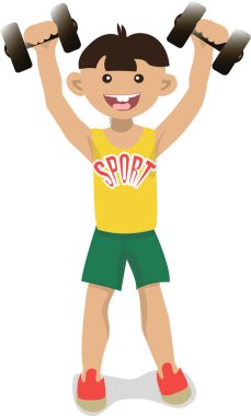  İnce ve atletik bir çocuk dambıllarla antrenman yapıyor. Çocuk mutlu.