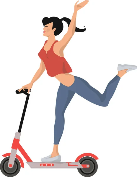 The girl is a gymnast of athletic build on an electric scooter. She leads a healthy lifestyle.