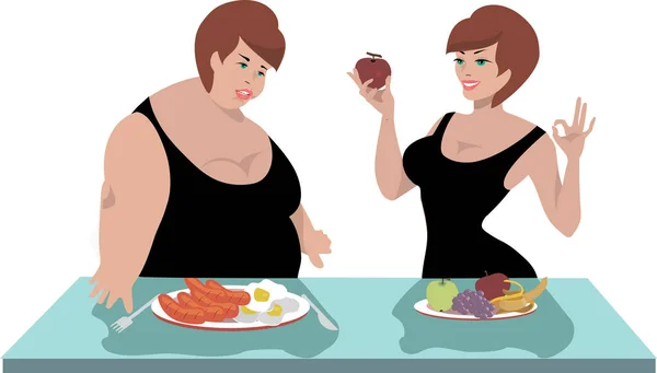 The fat girl eats a lot, and the slim athletic girl leads a healthy lifestyle and eats healthy food.