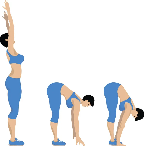 The girl does sports exercises. The girl is standing, hands up. The girl leaned over, hands down. The girl leaned over and put her hands on her toes. Cartoon.