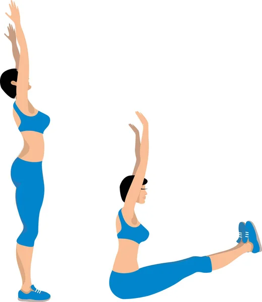 The girl does sports exercises. The girl is standing, hands up. The girl is on one knee. Second leg back. Cartoon
