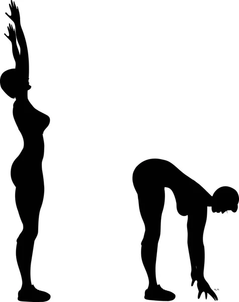  The girl does sports exercises. The girl is standing, hands up. The girl leaned over, hands down. Cartoon. Silhouette