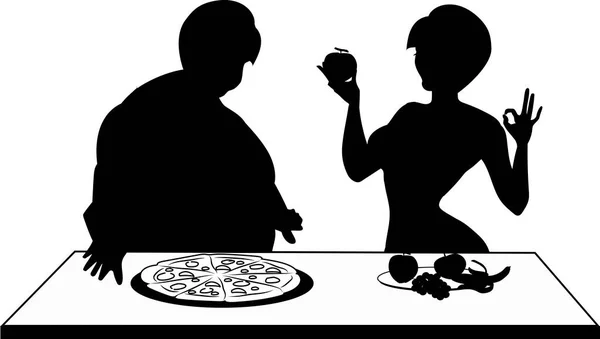 太った女性は大きなピザを食べ スリムな運動女の子は健康的なライフスタイルをリードし 健康的な食べ物を食べる シルエット — ストック写真