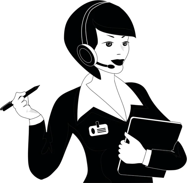 Young Attractive Girl Call Center Operator Cartoon Black White — стоковое фото