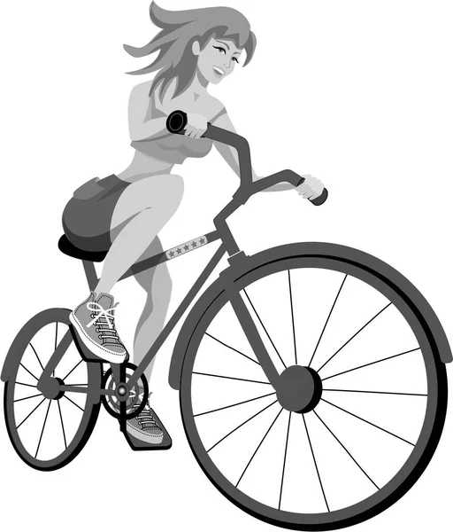 Молода Весела Руда Дівчина Їде Велосипеді Дівчина Посміхається Чорному Сірому — стокове фото