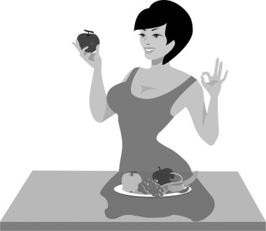  A young athletic girl is following a diet. She leads a healthy lifestyle. She has a bowl of fruit on the table. Cartoon