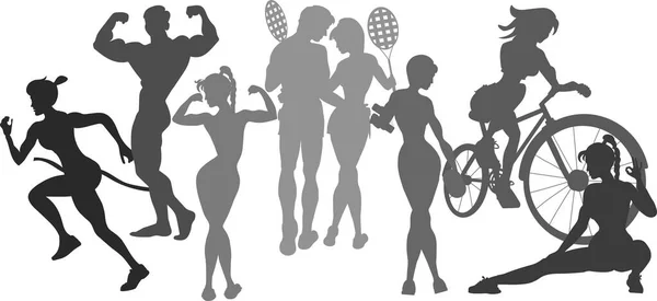 Urheilua Miehet Naiset Harrastavat Urheilua Siluetti — kuvapankkivalokuva
