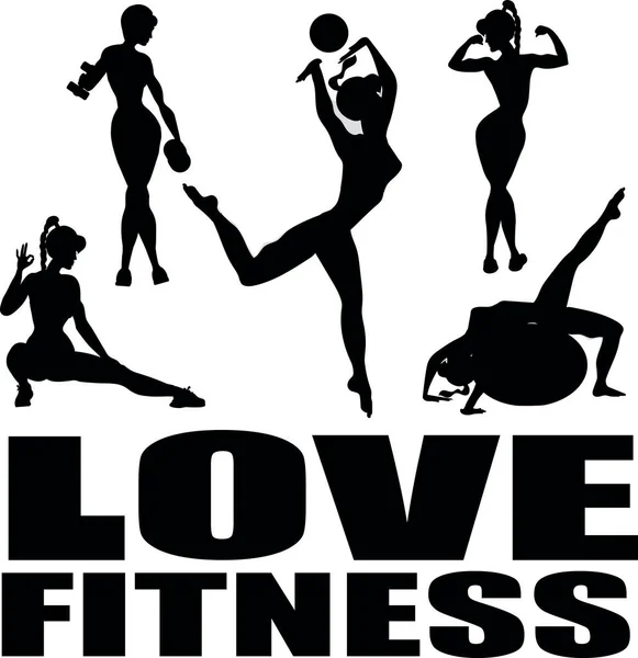 Uwielbiam Fitness Dziewczyny Ćwiczą Czarna Sylwetka — Zdjęcie stockowe